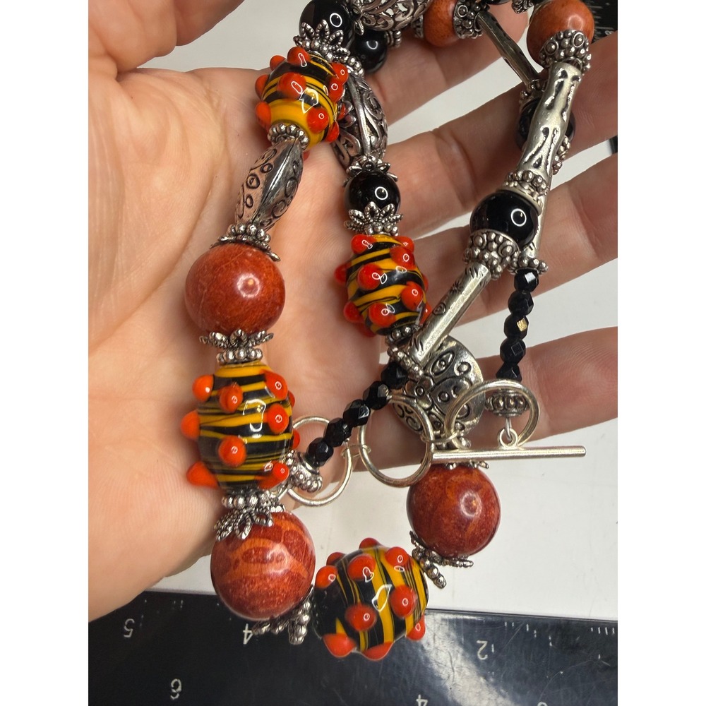 Artisan Lampwork Glass Red Jasper Black Onyx Beaded Necklace Silver Tone Toggle